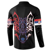 Serbia Button Sweatshirt with Wolf Head Graphic, Howling Wolf, and National Flag Stripes