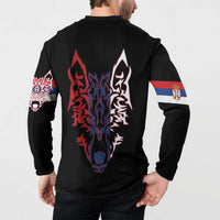 Serbia Button Sweatshirt with Wolf Head Graphic, Howling Wolf, and National Flag Stripes