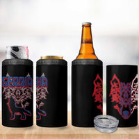 Serbia 4 in 1 Can Cooler Tumbler with Wolf Head Graphic, Howling Wolf, and National Flag Stripes