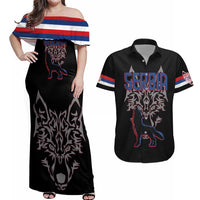 Serbia Couples Matching Off Shoulder Maxi Dress and Hawaiian Shirt with Wolf Head Graphic, Howling Wolf, and National Flag Stripes
