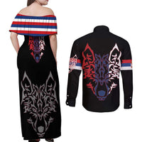 Serbia Couples Matching Off Shoulder Maxi Dress and Long Sleeve Button Shirt with Wolf Head Graphic, Howling Wolf, and National Flag Stripes