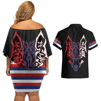 Serbia Couples Matching Off Shoulder Short Dress and Hawaiian Shirt with Wolf Head Graphic, Howling Wolf, and National Flag Stripes