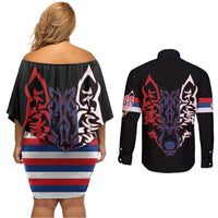 Serbia Couples Matching Off Shoulder Short Dress and Long Sleeve Button Shirt with Wolf Head Graphic, Howling Wolf, and National Flag Stripes