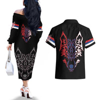Serbia Couples Matching Off The Shoulder Long Sleeve Dress and Hawaiian Shirt with Wolf Head Graphic, Howling Wolf, and National Flag Stripes