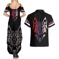Serbia Couples Matching Summer Maxi Dress and Hawaiian Shirt with Wolf Head Graphic, Howling Wolf, and National Flag Stripes