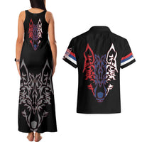 Serbia Couples Matching Tank Maxi Dress and Hawaiian Shirt with Wolf Head Graphic, Howling Wolf, and National Flag Stripes