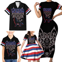 Serbia Family Matching Short Sleeve Bodycon Dress and Hawaiian Shirt with Wolf Head Graphic, Howling Wolf, and National Flag Stripes