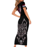 Serbia Family Matching Short Sleeve Bodycon Dress and Hawaiian Shirt with Wolf Head Graphic, Howling Wolf, and National Flag Stripes