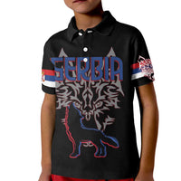 Serbia Kid Polo Shirt with Wolf Head Graphic, Howling Wolf, and National Flag Stripes