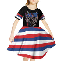 Serbia Kid Short Sleeve Dress with Wolf Head Graphic, Howling Wolf, and National Flag Stripes