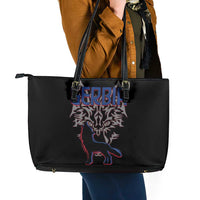 Serbia Leather Tote Bag with Wolf Head Graphic, Howling Wolf, and National Flag Stripes