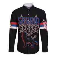 Serbia Long Sleeve Button Shirt with Wolf Head Graphic, Howling Wolf, and National Flag Stripes