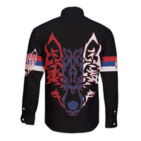 Serbia Long Sleeve Button Shirt with Wolf Head Graphic, Howling Wolf, and National Flag Stripes