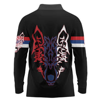 Serbia Long Sleeve Polo Shirt with Wolf Head Graphic, Howling Wolf, and National Flag Stripes