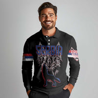Serbia Long Sleeve Polo Shirt with Wolf Head Graphic, Howling Wolf, and National Flag Stripes