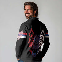 Serbia Long Sleeve Polo Shirt with Wolf Head Graphic, Howling Wolf, and National Flag Stripes