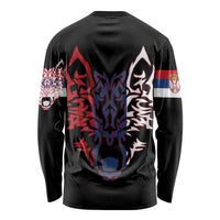Serbia Long Sleeve Shirt with Wolf Head Graphic, Howling Wolf, and National Flag Stripes
