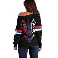 Serbia Off Shoulder Sweater with Wolf Head Graphic, Howling Wolf, and National Flag Stripes