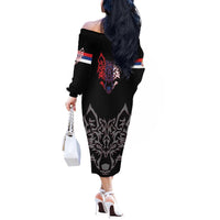 Serbia Off The Shoulder Long Sleeve Dress with Wolf Head Graphic, Howling Wolf, and National Flag Stripes