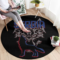Serbia Round Carpet with Wolf Head Graphic, Howling Wolf, and National Flag Stripes