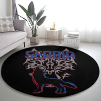 Serbia Round Carpet with Wolf Head Graphic, Howling Wolf, and National Flag Stripes