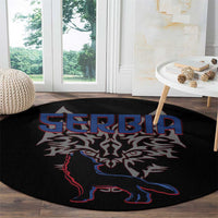 Serbia Round Carpet with Wolf Head Graphic, Howling Wolf, and National Flag Stripes