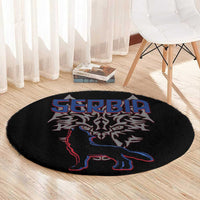 Serbia Round Carpet with Wolf Head Graphic, Howling Wolf, and National Flag Stripes