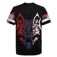 Serbia Rugby Jersey with Wolf Head Graphic, Howling Wolf, and National Flag Stripes