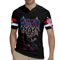 Serbia Rugby Jersey with Wolf Head Graphic, Howling Wolf, and National Flag Stripes