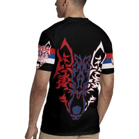 Serbia Rugby Jersey with Wolf Head Graphic, Howling Wolf, and National Flag Stripes