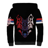 Serbia Sherpa Hoodie with Wolf Head Graphic, Howling Wolf, and National Flag Stripes