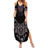 Serbia Summer Maxi Dress with Wolf Head Graphic, Howling Wolf, and National Flag Stripes