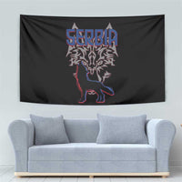 Serbia Tapestry with Wolf Head Graphic, Howling Wolf, and National Flag Stripes