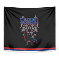 Serbia Tapestry with Wolf Head Graphic, Howling Wolf, and National Flag Stripes