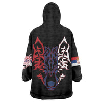 Serbia Wearable Blanket Hoodie with Wolf Head Graphic, Howling Wolf, and National Flag Stripes