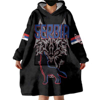 Serbia Wearable Blanket Hoodie with Wolf Head Graphic, Howling Wolf, and National Flag Stripes