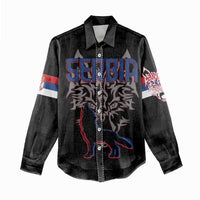Serbia Women Casual Shirt with Wolf Head Graphic, Howling Wolf, and National Flag Stripes