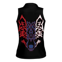 Serbia Women Sleeveless Polo Shirt with Wolf Head Graphic, Howling Wolf, and National Flag Stripes