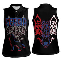Serbia Women Sleeveless Polo Shirt with Wolf Head Graphic, Howling Wolf, and National Flag Stripes