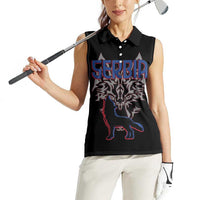 Serbia Women Sleeveless Polo Shirt with Wolf Head Graphic, Howling Wolf, and National Flag Stripes