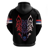 Serbia Zip Hoodie with Wolf Head Graphic, Howling Wolf, and National Flag Stripes