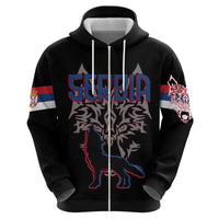 Serbia Zip Hoodie with Wolf Head Graphic, Howling Wolf, and National Flag Stripes