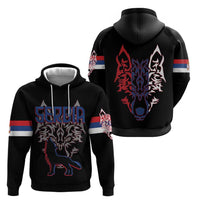 Serbia Zip Hoodie with Wolf Head Graphic, Howling Wolf, and National Flag Stripes
