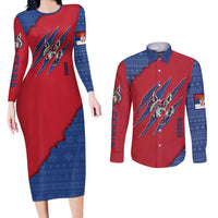 Serbia Couples Matching Long Sleeve Bodycon Dress and Long Sleeve Button Shirt with Balkan Gray Wolf, Claw Marks, and Flag Sleeve Design