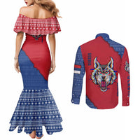 Serbia Couples Matching Mermaid Dress and Long Sleeve Button Shirt with Balkan Gray Wolf, Claw Marks, and Flag Sleeve Design