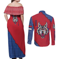 Serbia Couples Matching Off Shoulder Maxi Dress and Long Sleeve Button Shirt with Balkan Gray Wolf, Claw Marks, and Flag Sleeve Design