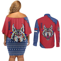 Serbia Couples Matching Off Shoulder Short Dress and Long Sleeve Button Shirt with Balkan Gray Wolf, Claw Marks, and Flag Sleeve Design