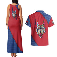 Serbia Couples Matching Tank Maxi Dress and Hawaiian Shirt with Balkan Gray Wolf, Claw Marks, and Flag Sleeve Design