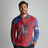 Serbia Long Sleeve Polo Shirt with Balkan Gray Wolf, Claw Marks, and Flag Sleeve Design