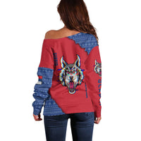 Serbia Off Shoulder Sweater with Balkan Gray Wolf, Claw Marks, and Flag Sleeve Design